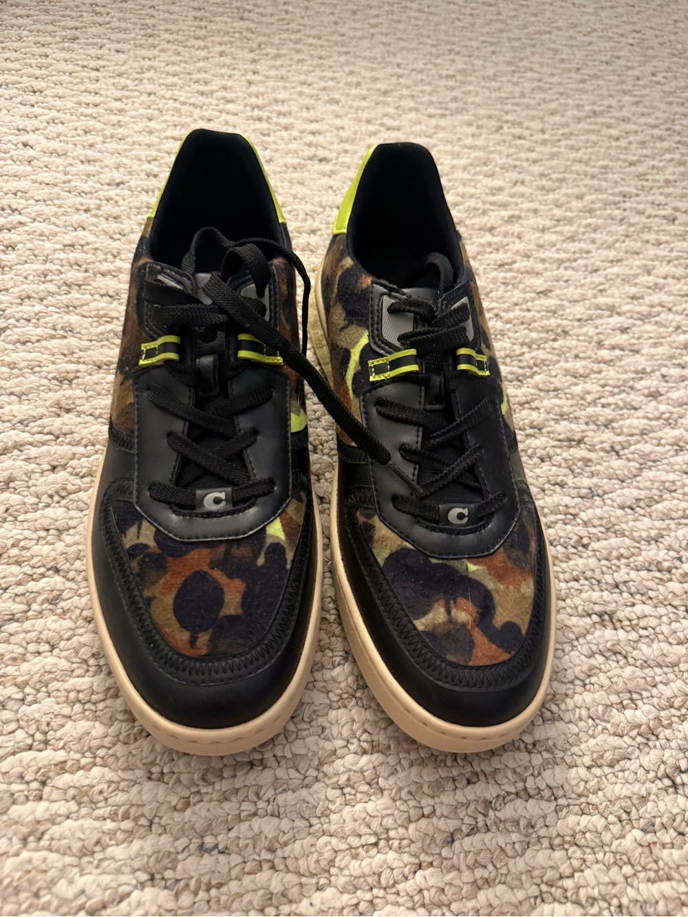 Coach Men's Black & Brown Camo Sneakers with Neon Yellow Accents